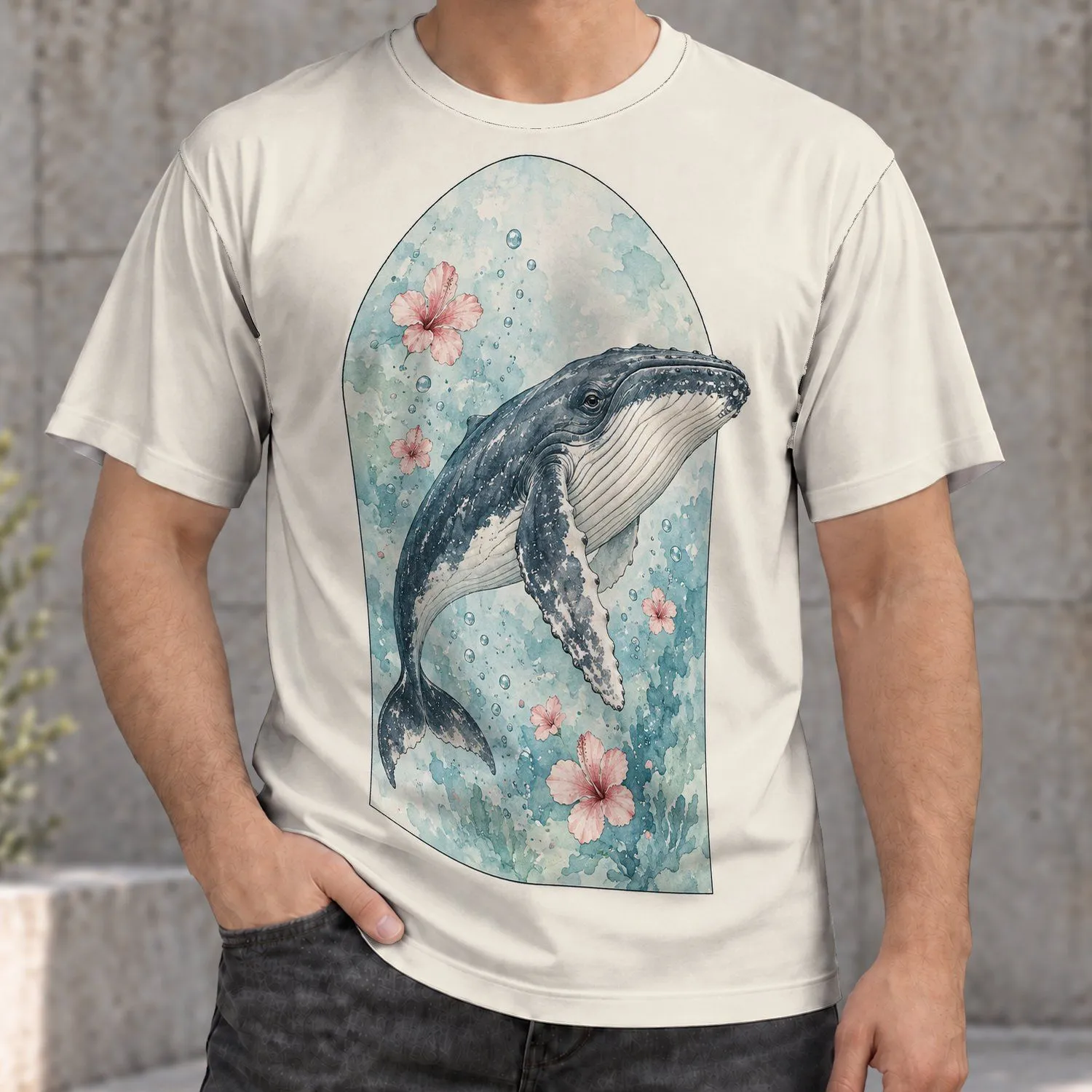Whale And Pink Hibiscus Ocean Scene For Coastal Weekends And Everyday Relaxed Wear All-over Print Unisex T-shirt - 1