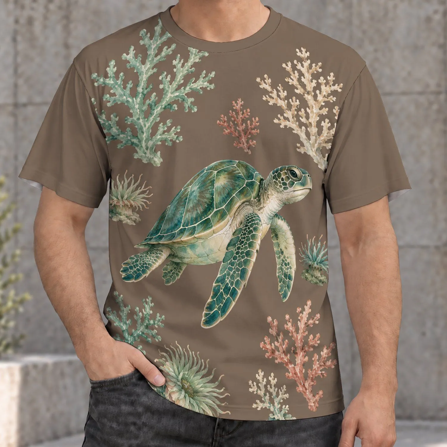 Sea Turtle And Coral Watercolor Art For Coastal Days And Ocean Lovers All-over Print Unisex T-shirt - 1