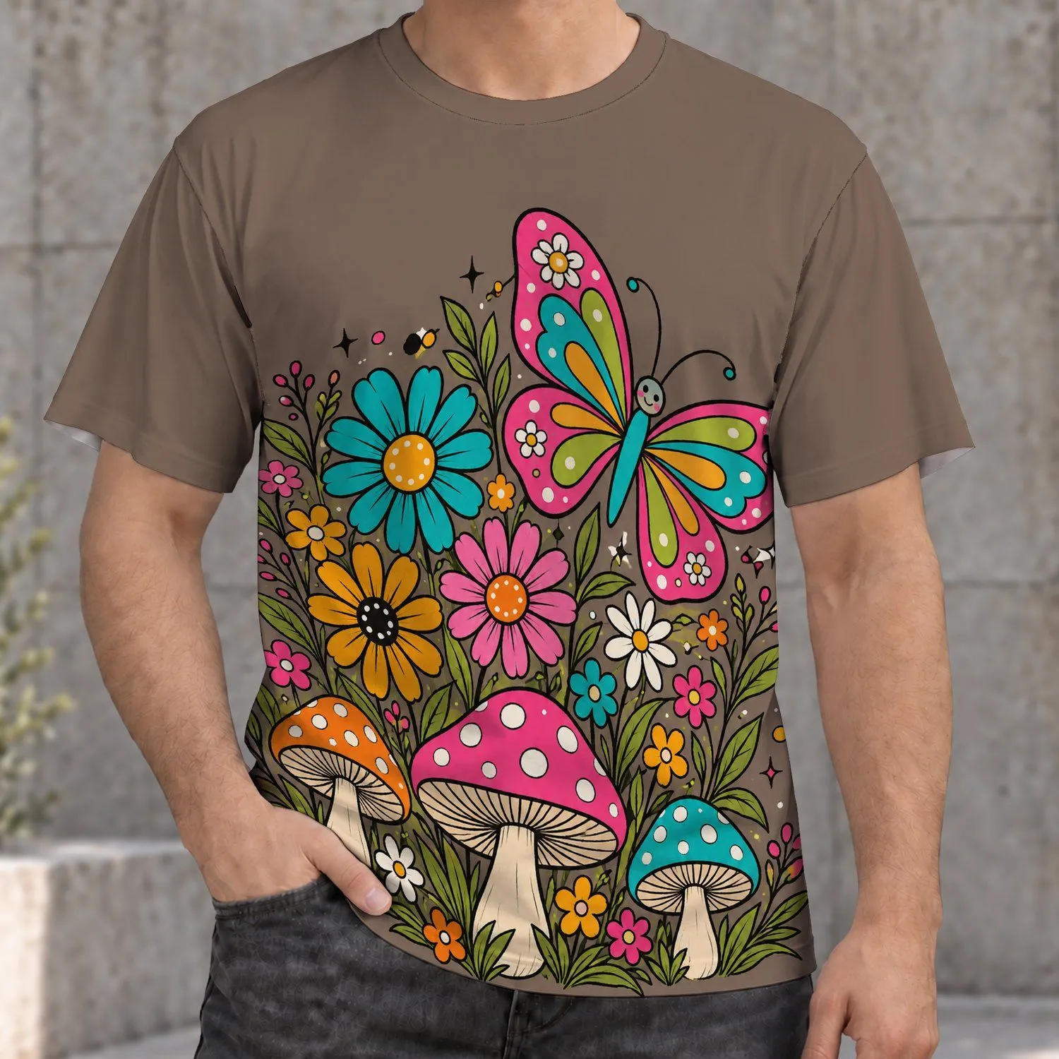 Colorful Butterfly, Wildflowers And Mushrooms For Whimsical Nature Days And Garden Lovers All-over Print Unisex T-shirt - 1
