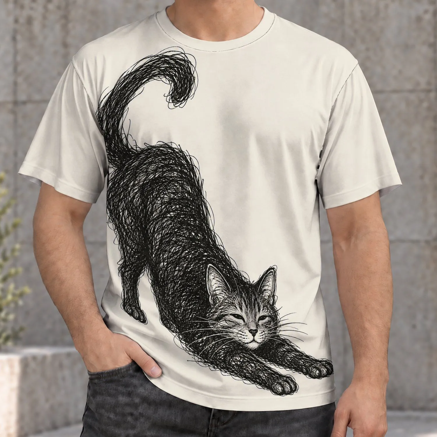 Playful Stretching Cat Sketch for Everyday Casual Style and Thoughtful Cat Lover Gifts All-over Print Unisex T-shirt - 1