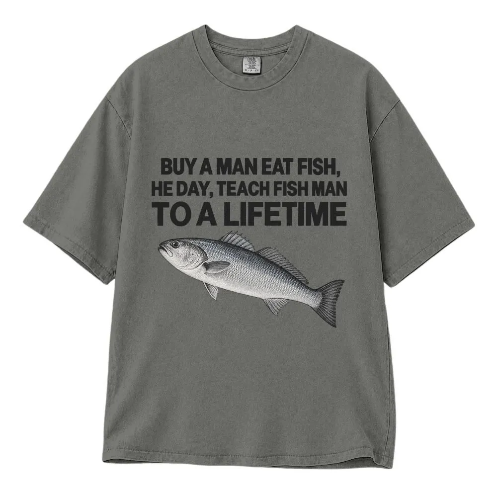 Buy a Man Eat Fish Shirt, Funny Meme Gift for Gen Z, Ironic Sarcastic Style Tee, Hoodie, Sweatshirt - 1
