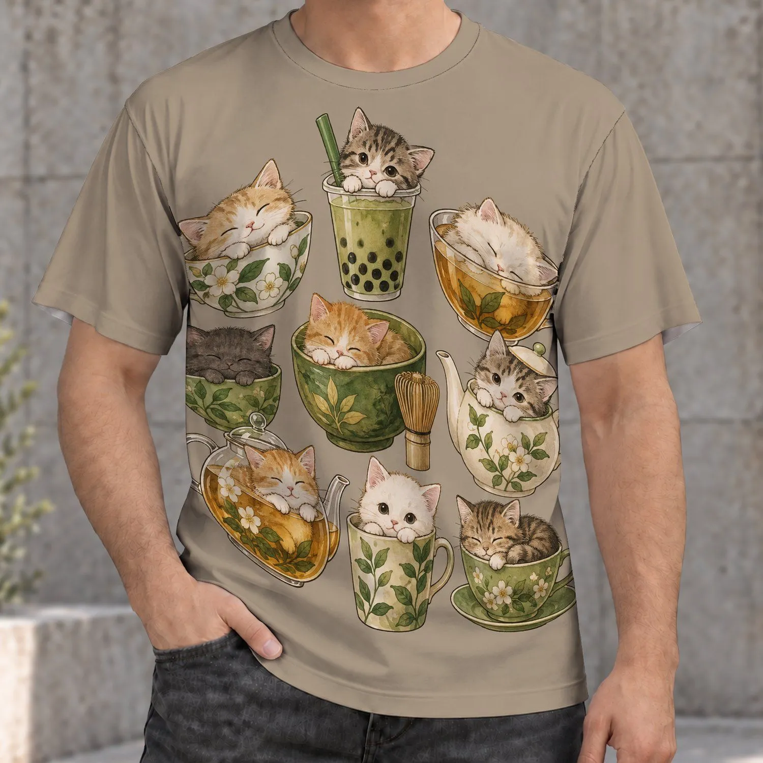 Cute Cats in Teacups and Boba Drinks for Cozy Cafe Days and Cat Lovers Everyday All-over Print Unisex T-shirt - 1