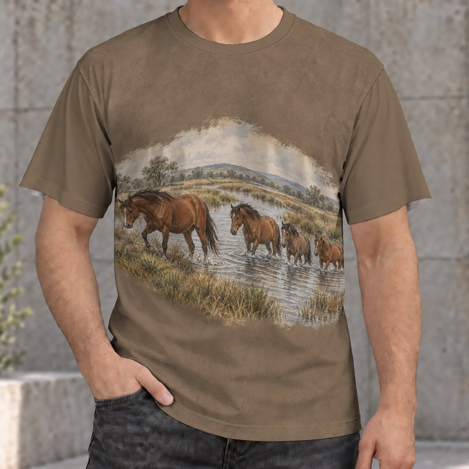 Horse Herd by a Quiet River for Nature Walks, Country Living and Outdoor Escapes All-over Print Unisex T-shirt - 1