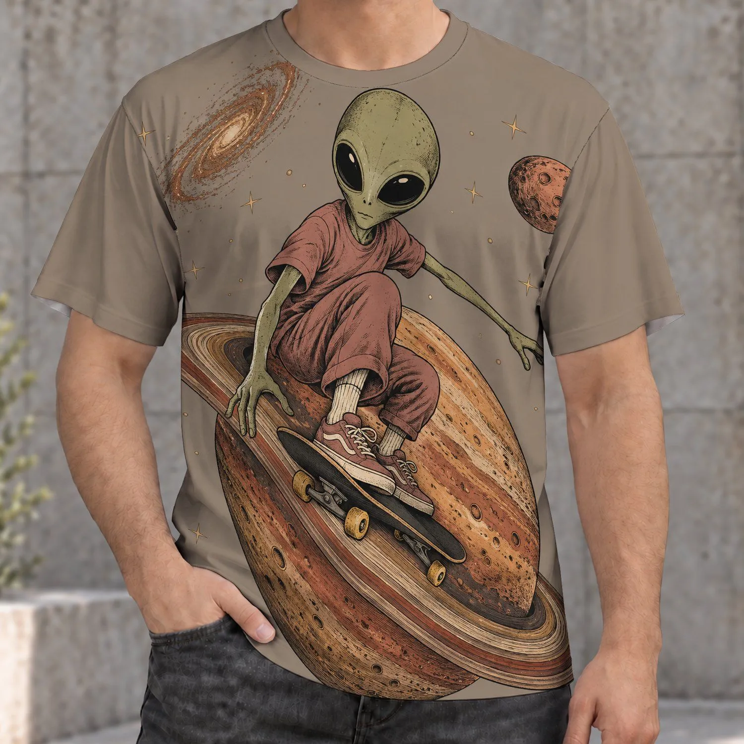 Green Alien Skateboarding Through Space for Casual Streetwear and Everyday Adventures All-over Print Unisex T-shirt - 1