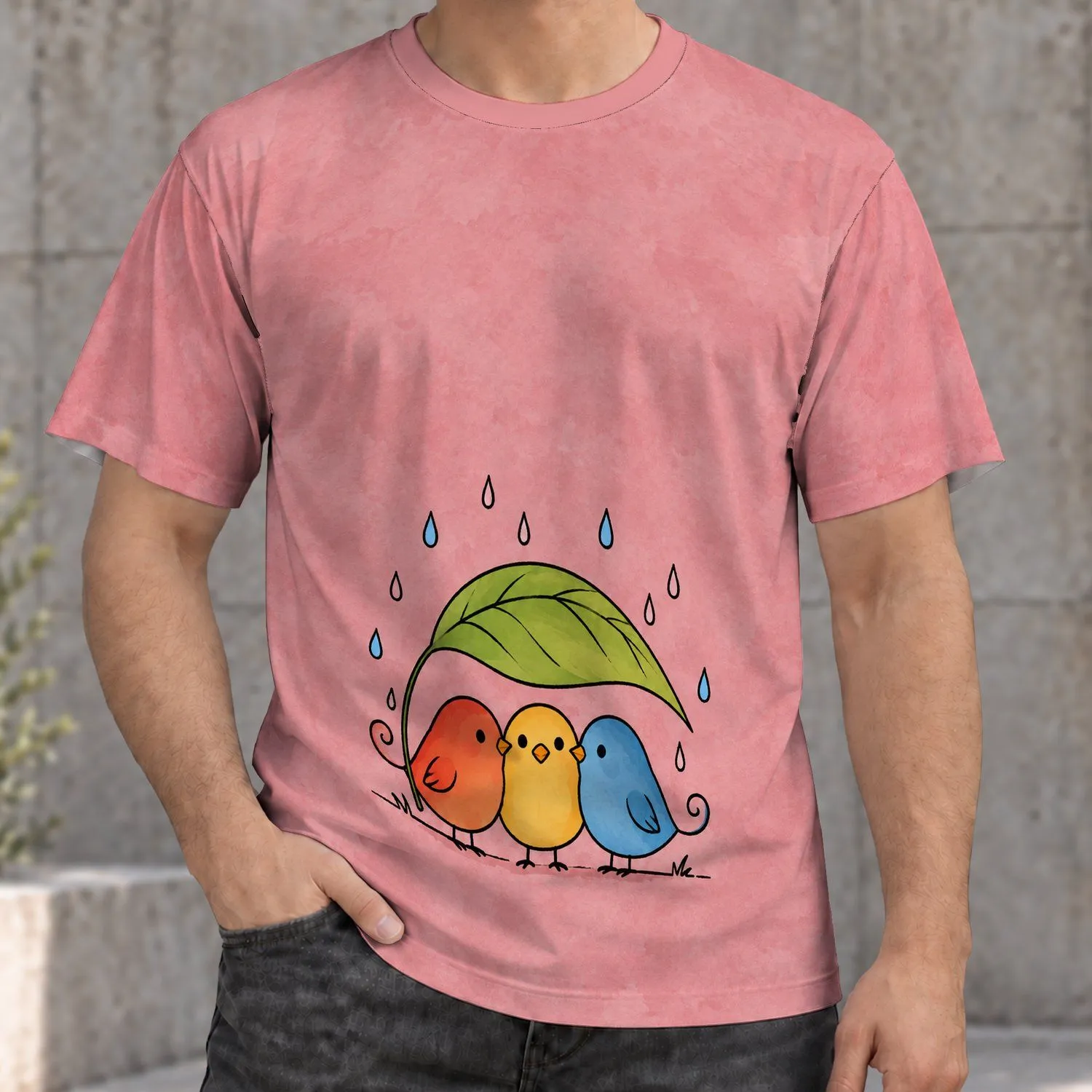 Three Cute Birds Beneath a Leaf in the Rain for Everyday Casual Wear All-over Print Unisex T-shirt - 1