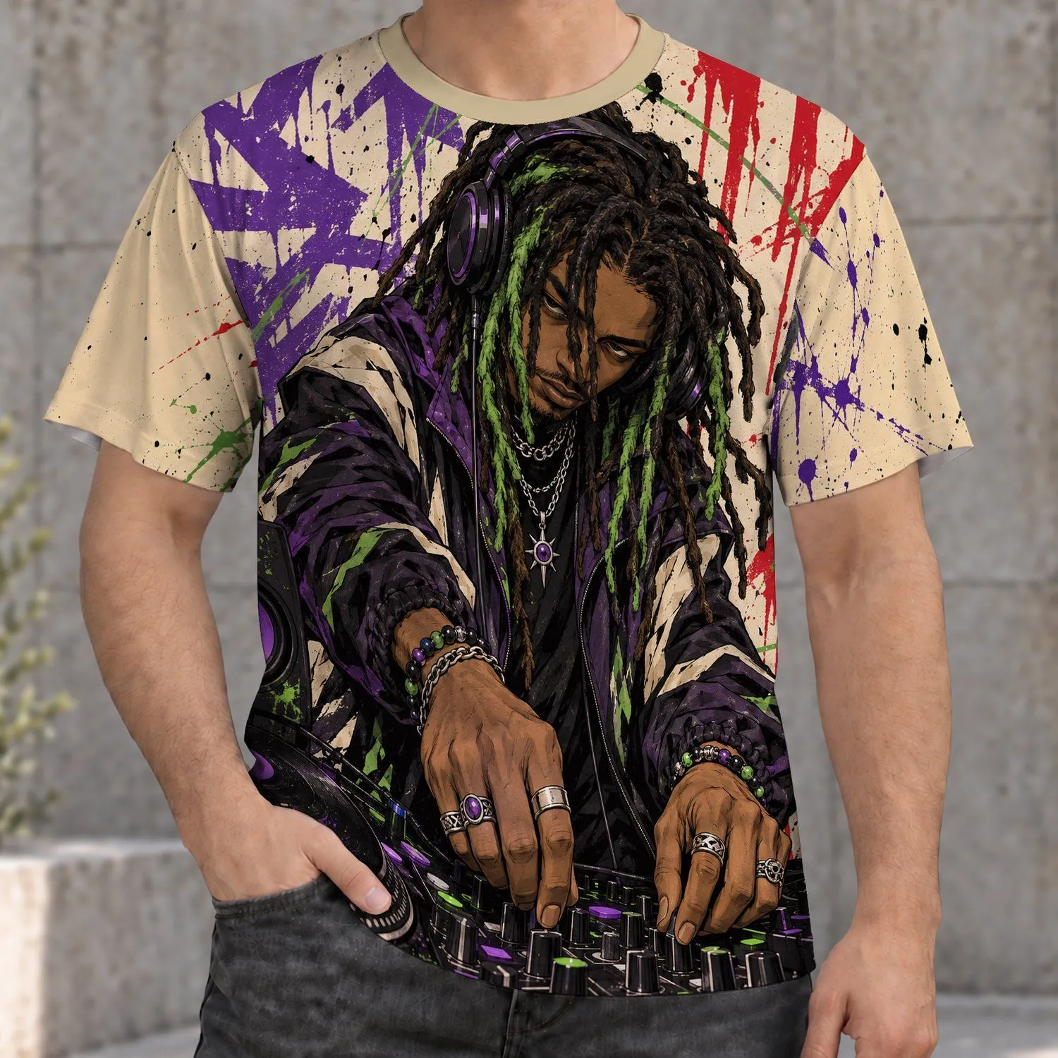 Green Dreadlock DJ at the Turntables for Street Music Fans and Nightlife All-over Print Unisex T-shirt - 1
