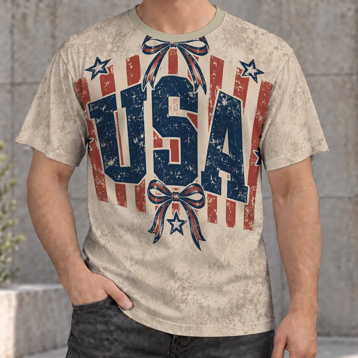 Vintage Red White And Blue USA Stars And Bows For Summer Celebrations And Casual Wear All-over Print Unisex T-shirt - 1