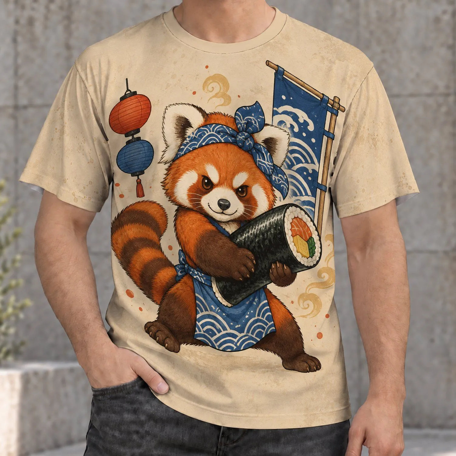 Red Panda Sushi Chef Holding Sushi Roll for Casual Streetwear and Foodie Fans Everyday All-over Print Unisex T-shirt - 1