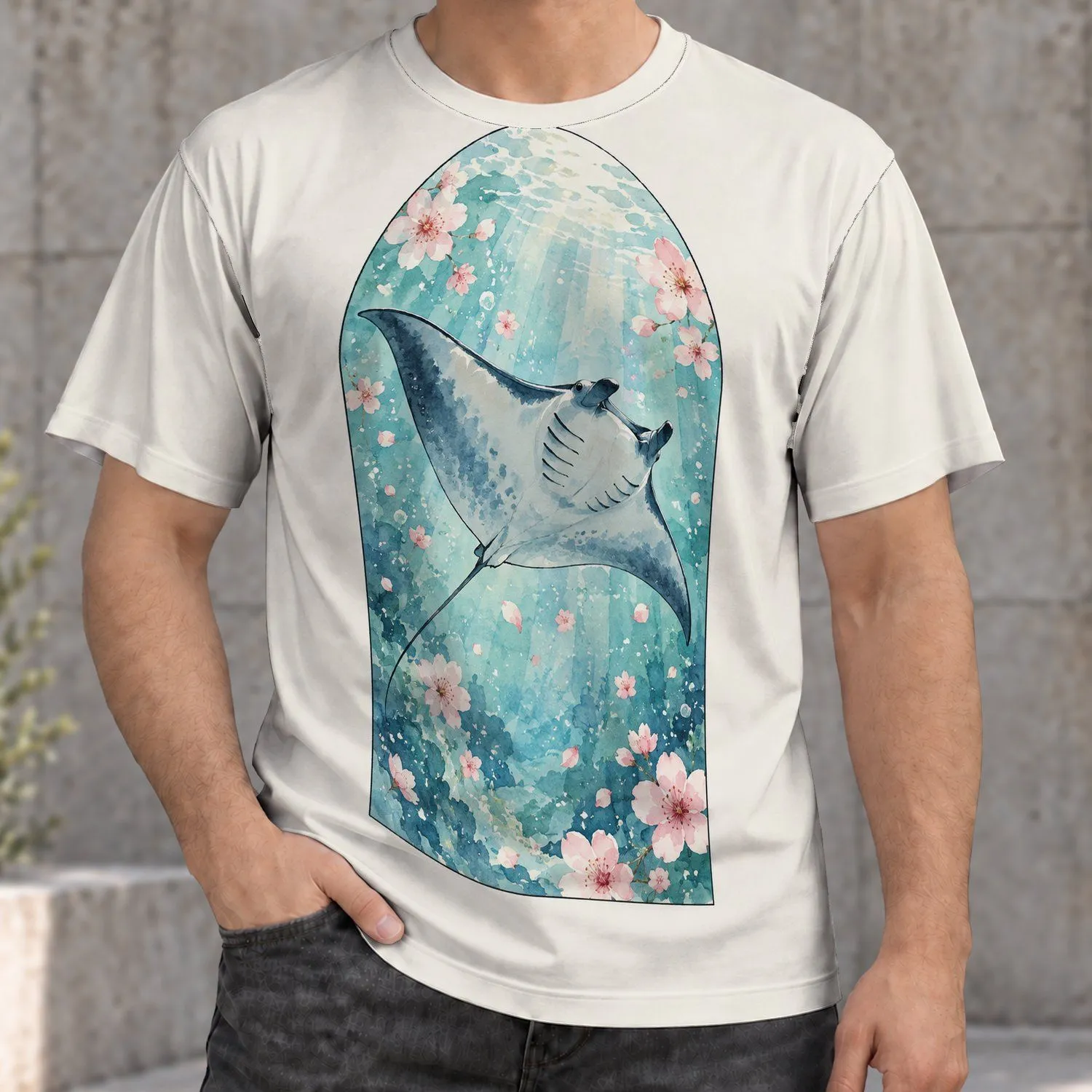 Manta Ray And Cherry Blossoms Underwater Scene For Coastal Everyday Adventures All-over Print Unisex T-shirt - 1