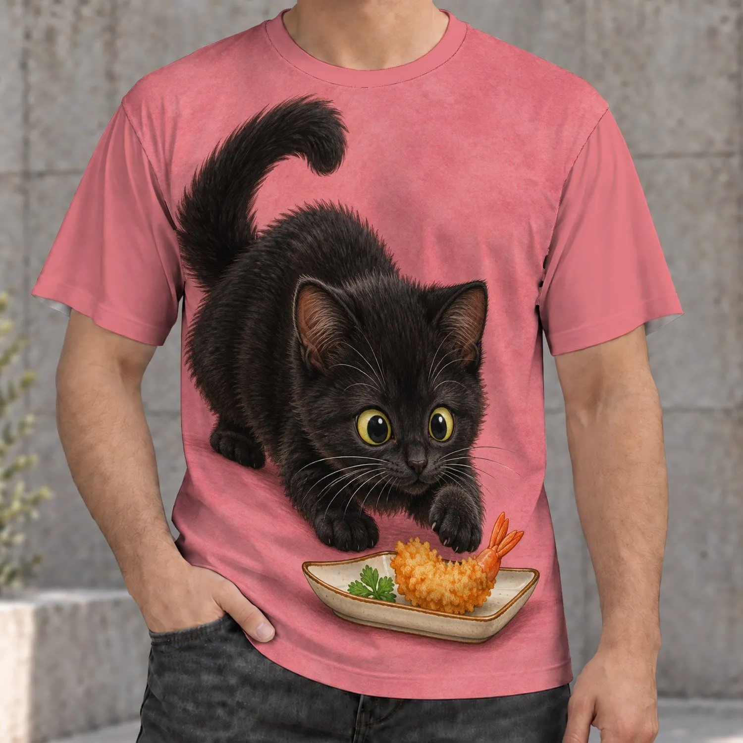Black Kitten Chasing Crispy Shrimp for Playful Everyday Cat Lover Style All-over Print Unisex T-shirt - 1