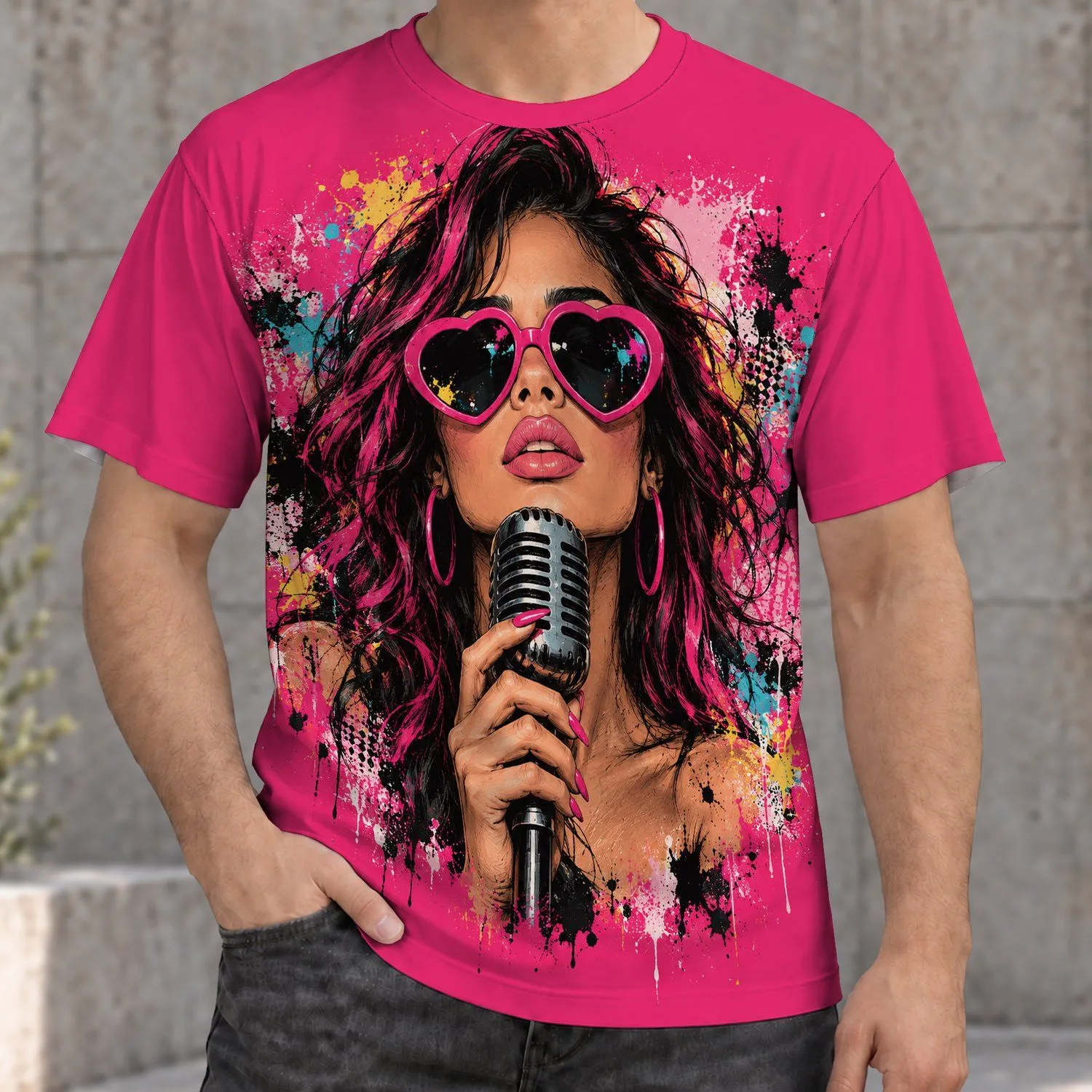 Pink Heart Sunglasses Singer Portrait for Concert Nights and Music Lovers of Pop Culture All-over Print Unisex T-shirt - 1