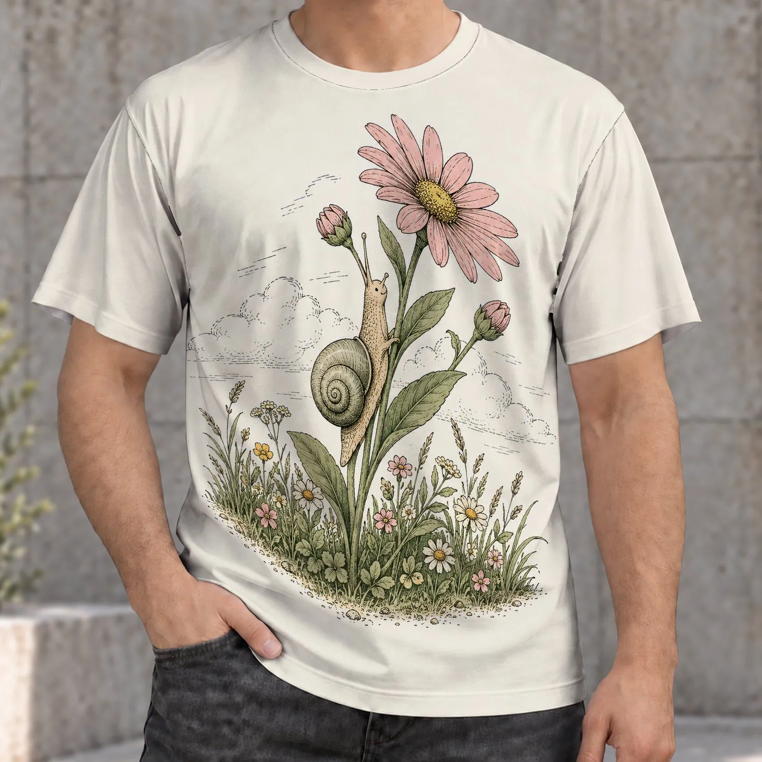 Snail And Daisy Meadow Scene For Nature Lovers, Garden Walks And Casual Days Outdoors All-over Print Unisex T-shirt - 1