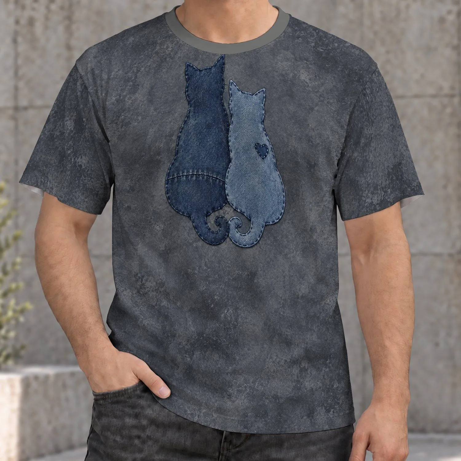 Two Blue Denim Cats With Heart Motif for Casual Everyday Wear and Cat Lovers of All Ages All-over Print Unisex T-shirt - 1