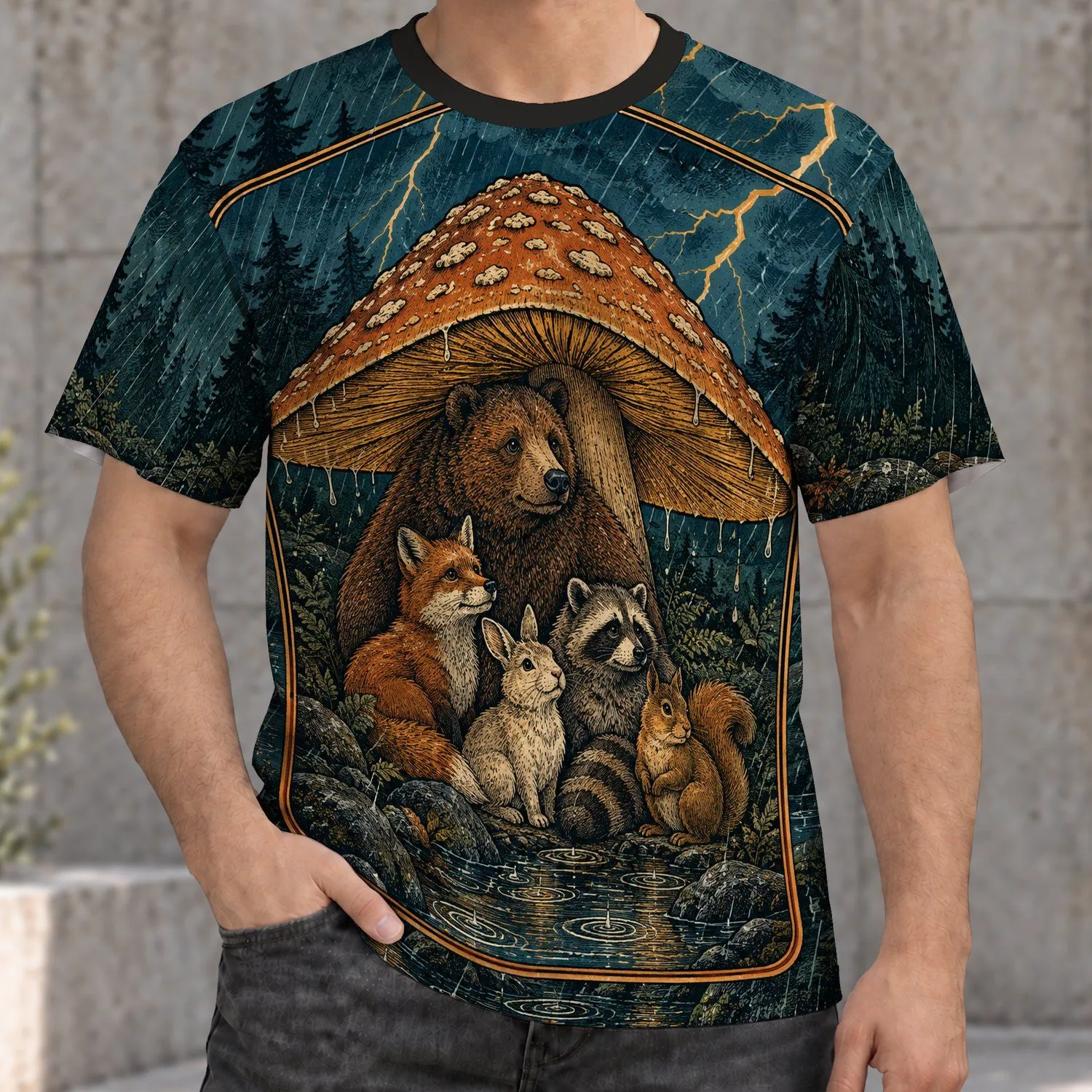 Woodland Animals Under Mushroom Shelter For Cozy Nature Lovers All-over Print Unisex T-shirt - 1