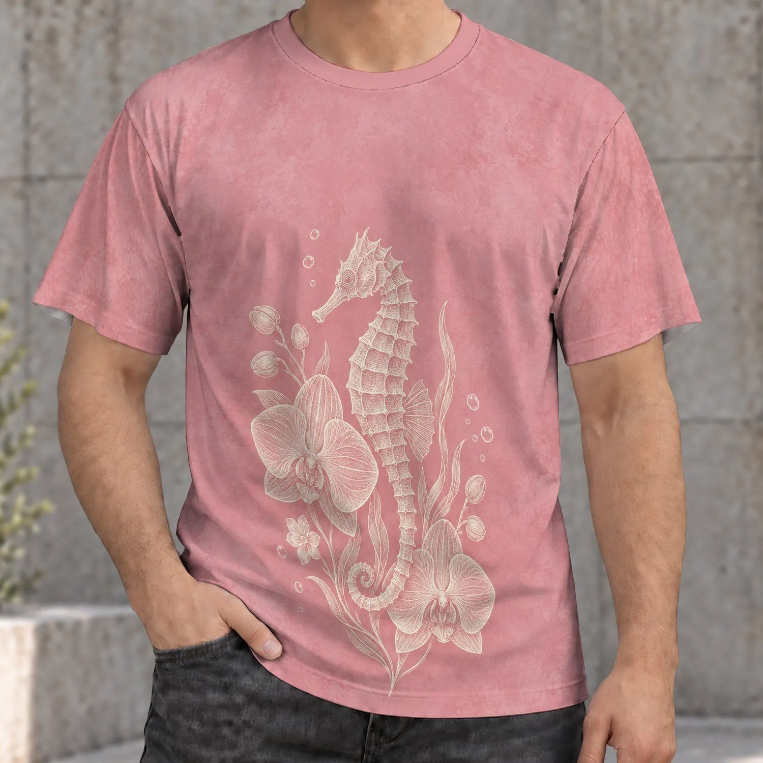 Seahorse And Orchid Coastal Botanical Art For Relaxed Everyday Style All-over Print Unisex T-shirt - 1