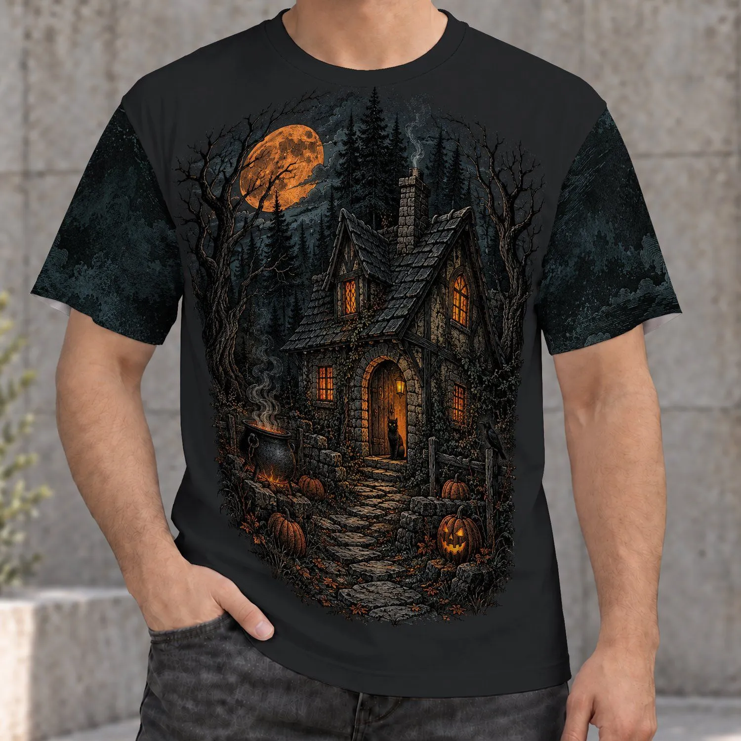 Haunted Forest Cottage and Pumpkin Moon for Halloween Night Adventures All-over Print Unisex T-shirt - 1
