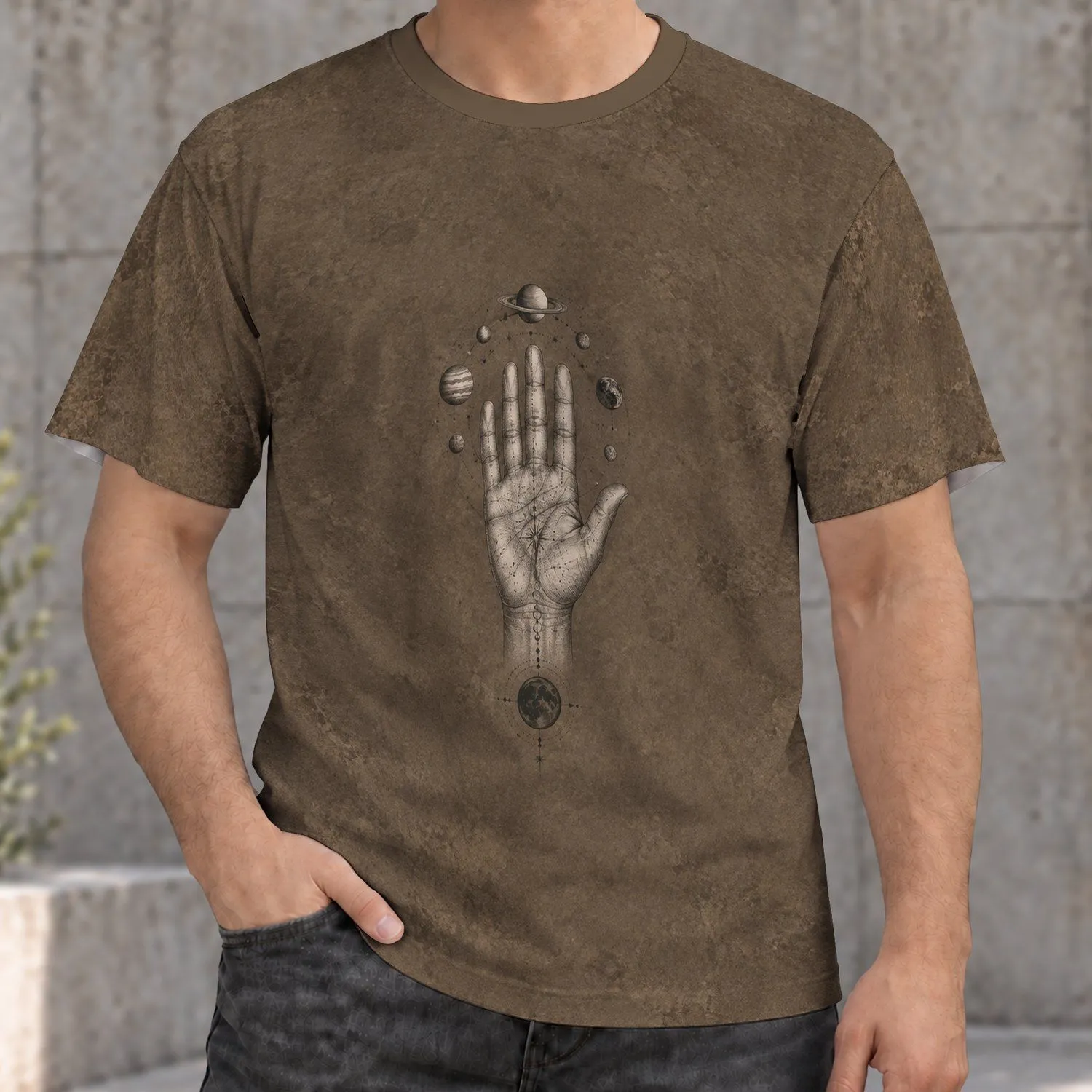 Cosmic Palmistry Hand With Orbiting Planets For Everyday Alternative Streetwear Style All-over Print Unisex T-shirt - 1