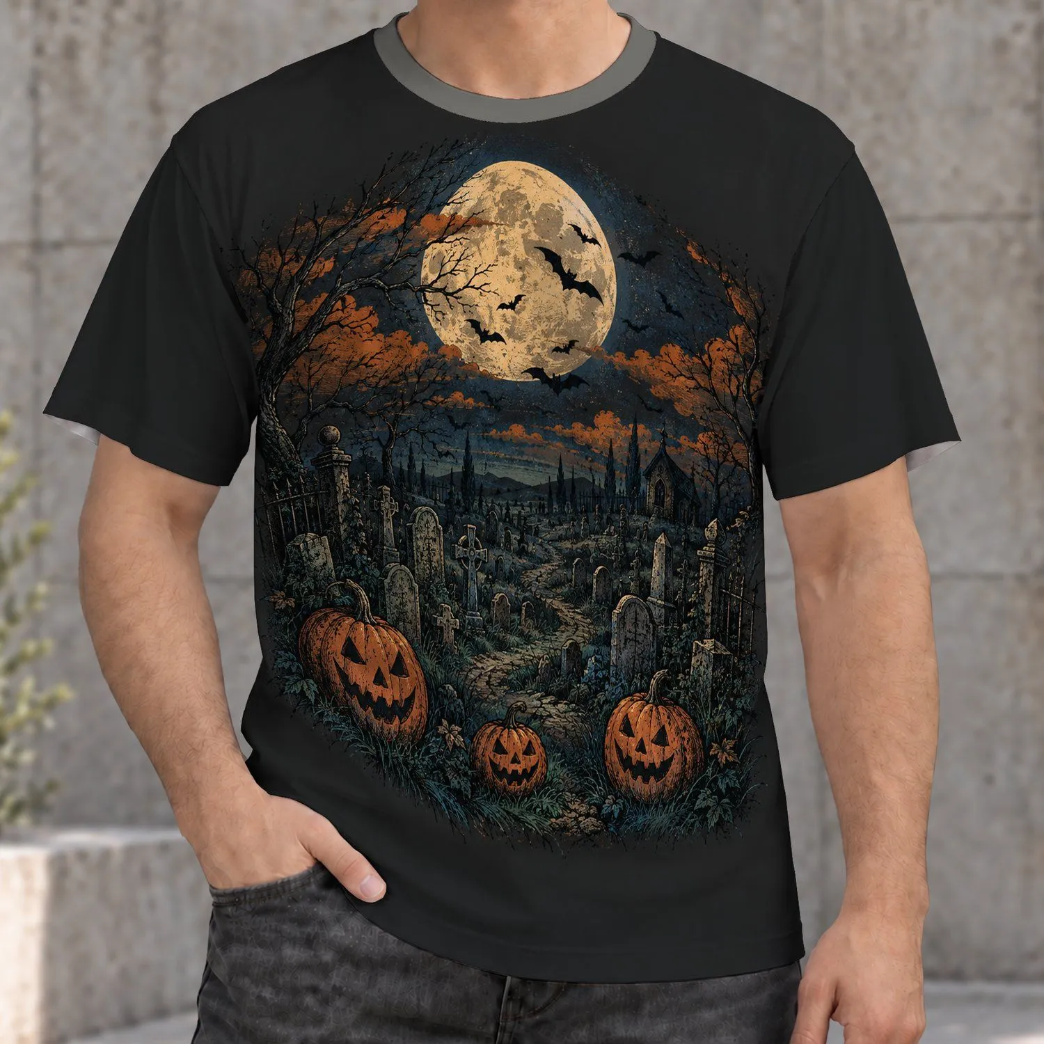 Moonlit Graveyard Pumpkins for Halloween Night and Autumn Celebrations All-over Print Unisex T-shirt - 1
