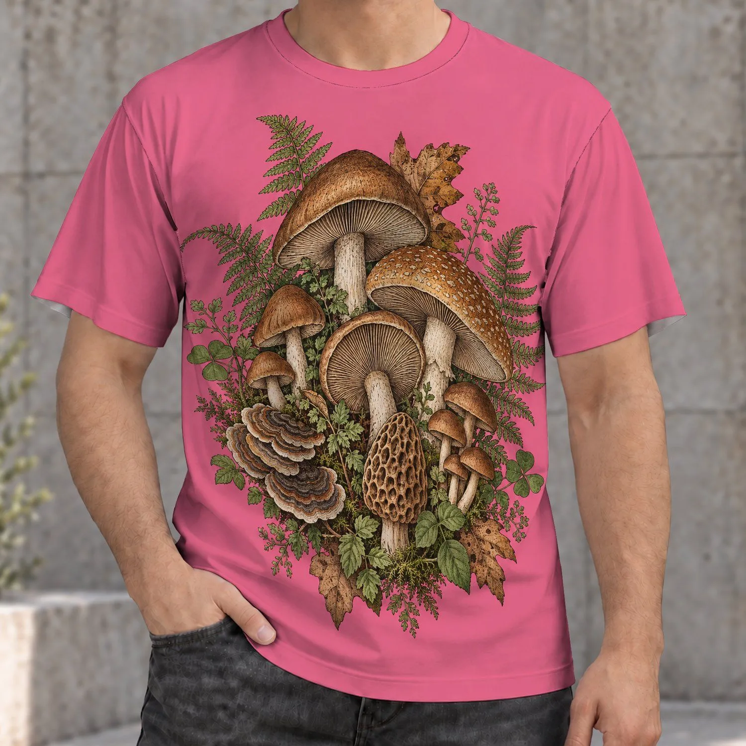 Mushroom Fern Botanical Cluster For Nature Walks And Woodland Weekends All-over Print Unisex T-shirt - 1