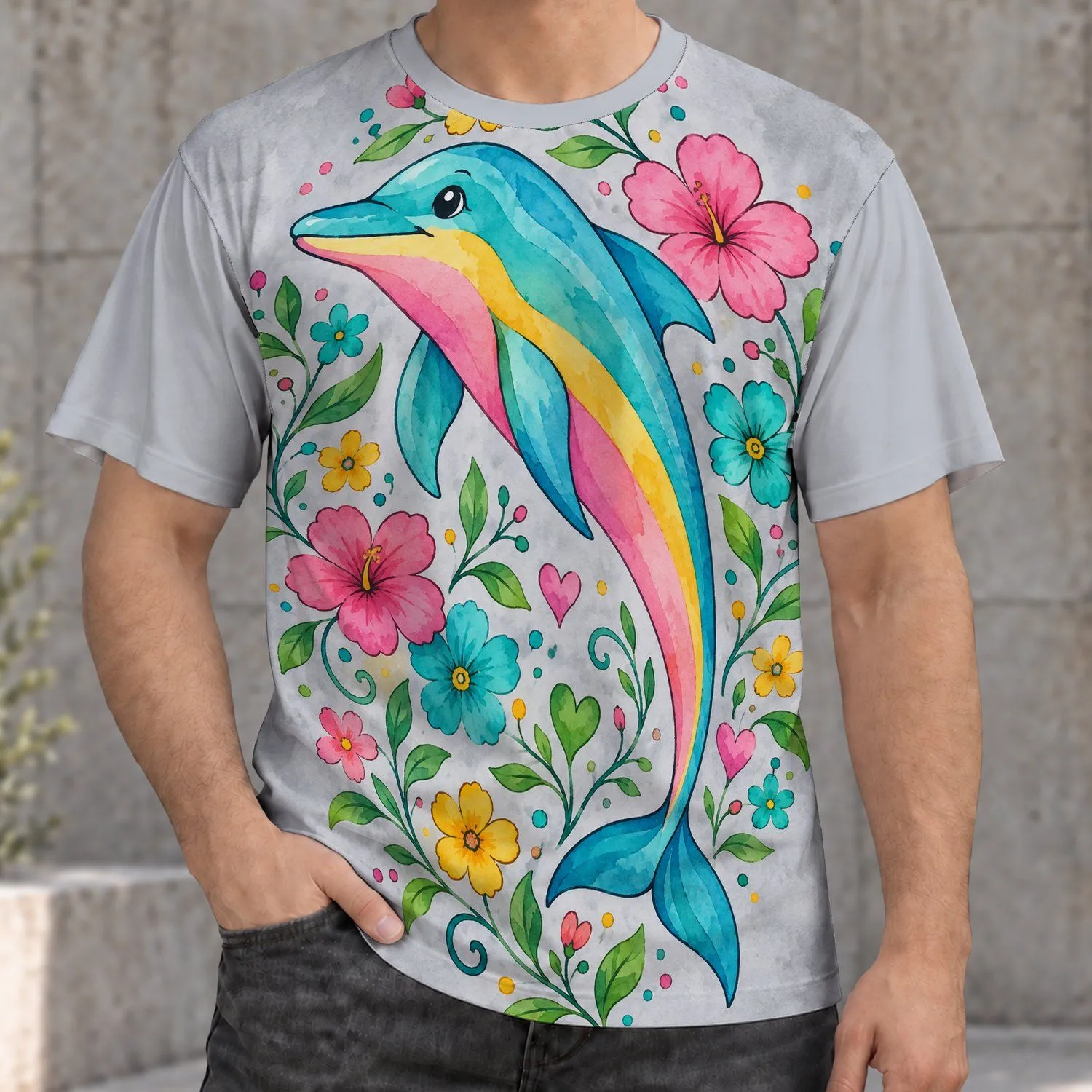 Colorful Dolphin and Wildflower Motif for Beach Days and Everyday Summer Style Wear All-over Print Unisex T-shirt - 1