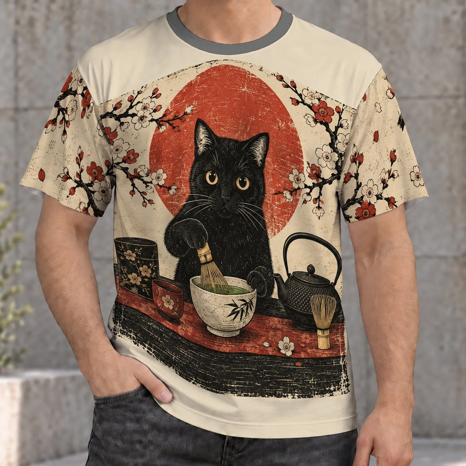 Black Cat Making Matcha with Cherry Blossoms for Cozy Everyday Style All-over Print Unisex T-shirt - 1