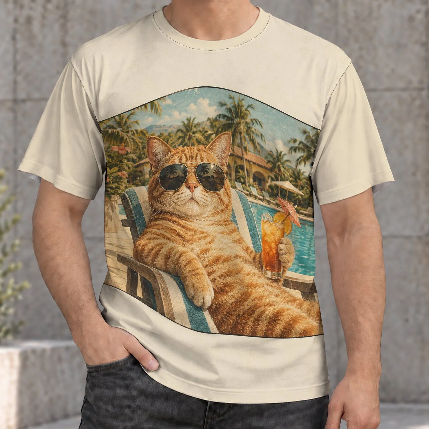Cool Cat in Sunglasses Poolside Cocktail Scene for Relaxed Summer Style and Cat Lovers All-over Print Unisex T-shirt - 1