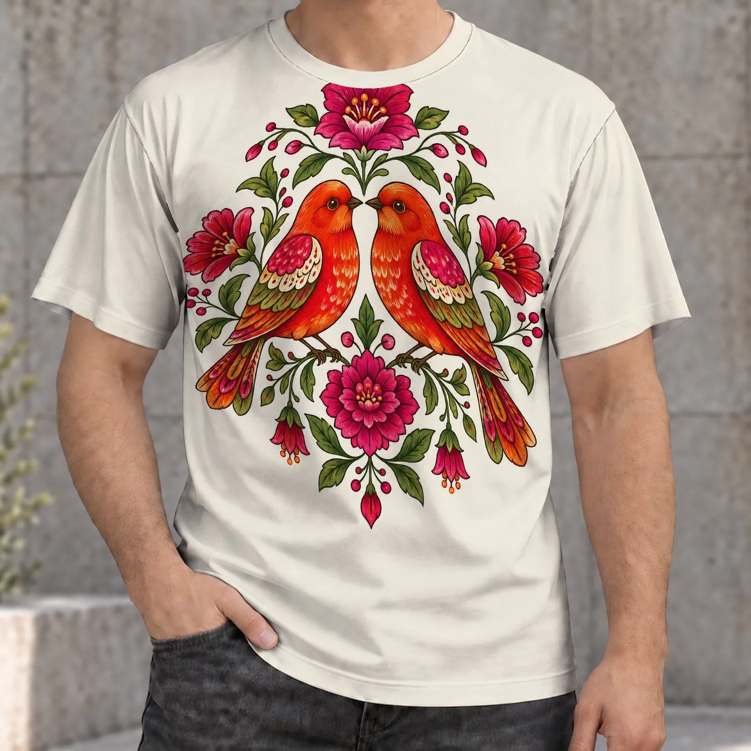 Folk Art Lovebirds and Wildflowers for Everyday Bohemian Style and Nature-Loving Teens All-over Print Unisex T-shirt - 1