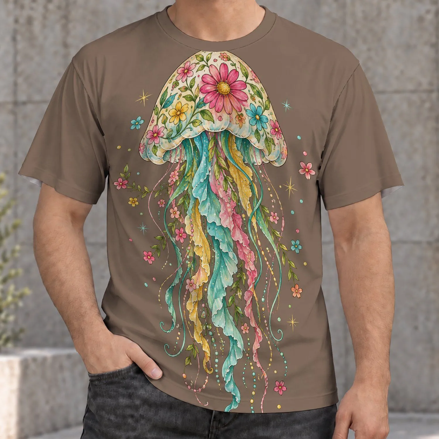 Floral Jellyfish Ocean Creature for Whimsical Everyday Casual Style All-over Print Unisex T-shirt - 1