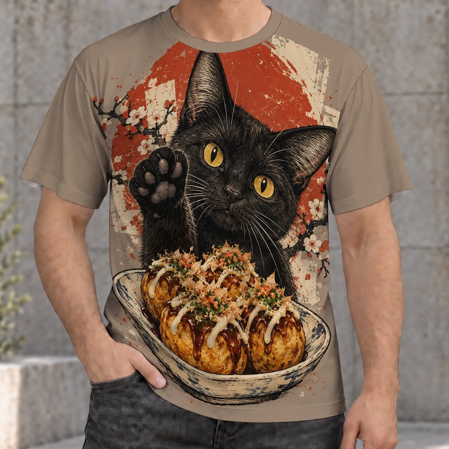 Black Cat With Takoyaki Japanese Street Food for Casual Days and Everyday Cat Lovers All-over Print Unisex T-shirt - 1