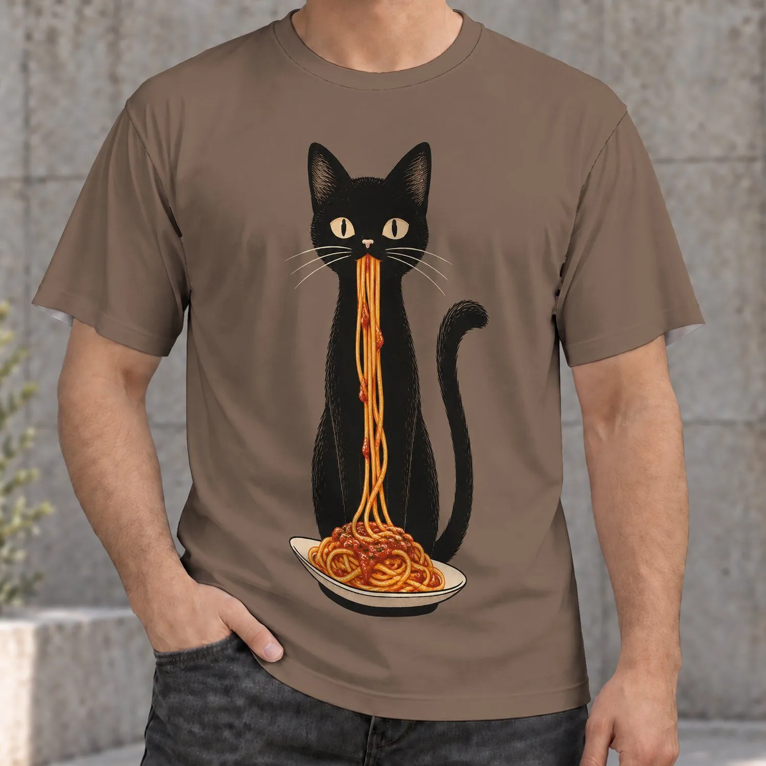 Black Cat Eating Spaghetti for Quirky Everyday Style and Casual Gift Giving All-over Print Unisex T-shirt - 1