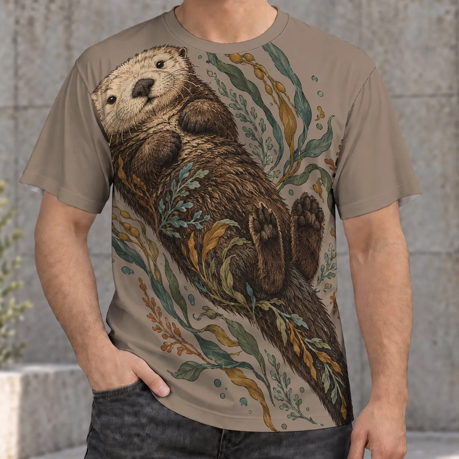 Otter and Seaweed Nature Scene for Coastal Walks and Outdoor Adventures All-over Print Unisex T-shirt - 1