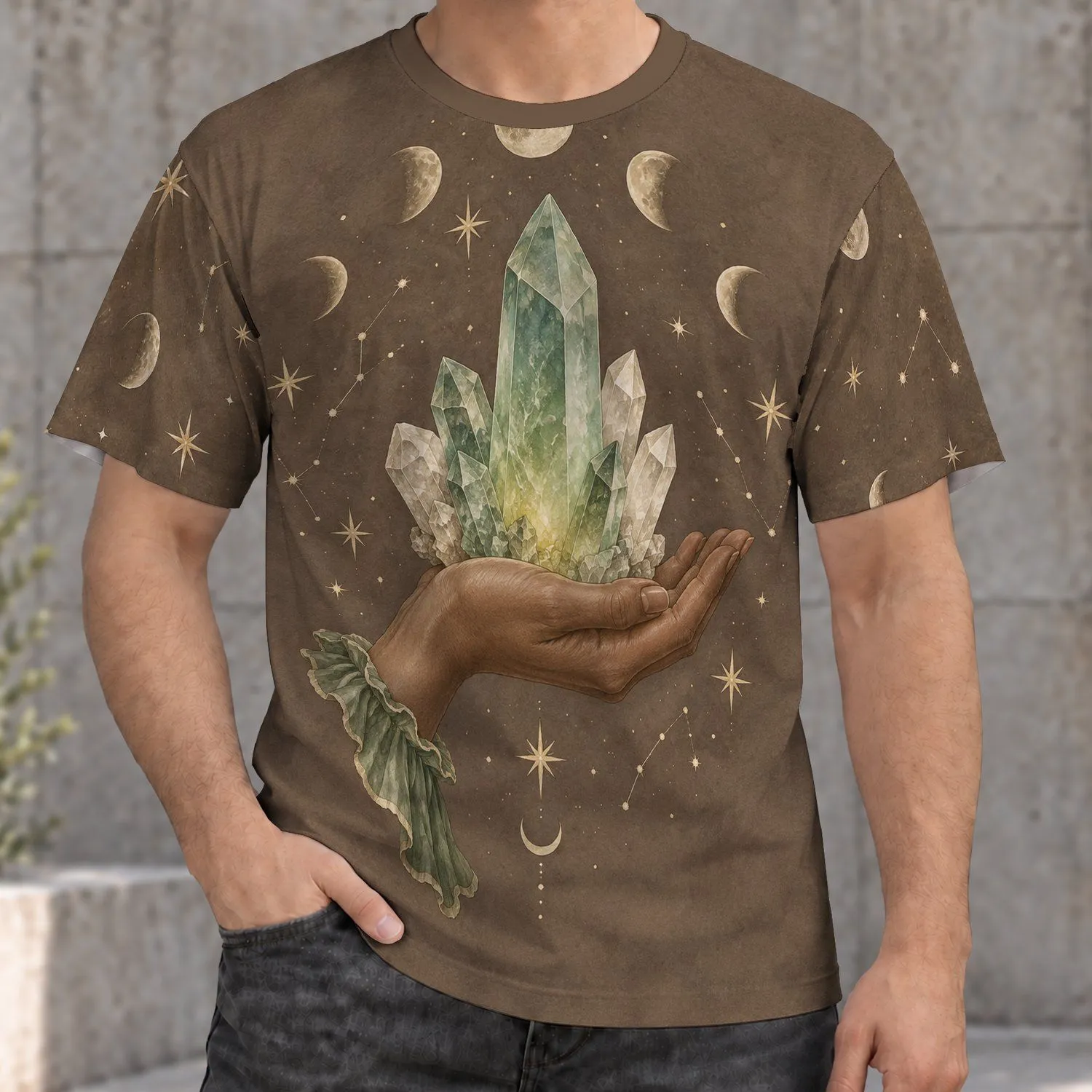 Mystical Crystal Hand With Moon And Stars For Everyday Celestial Style All-over Print Unisex T-shirt - 1