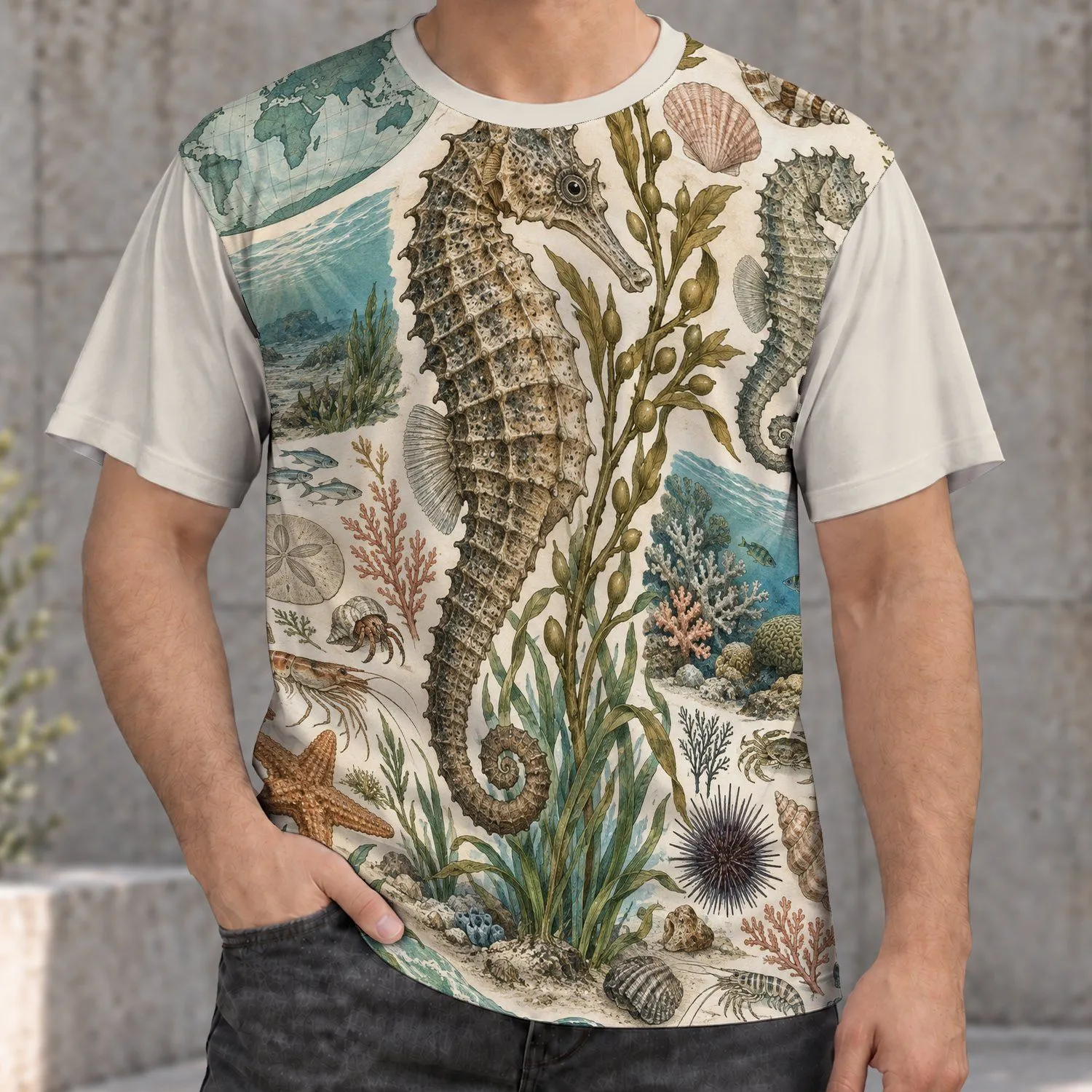 Vintage Seahorse Marine Life Collage for Coastal Adventures and Everyday Ocean Lovers All-over Print Unisex T-shirt - 1