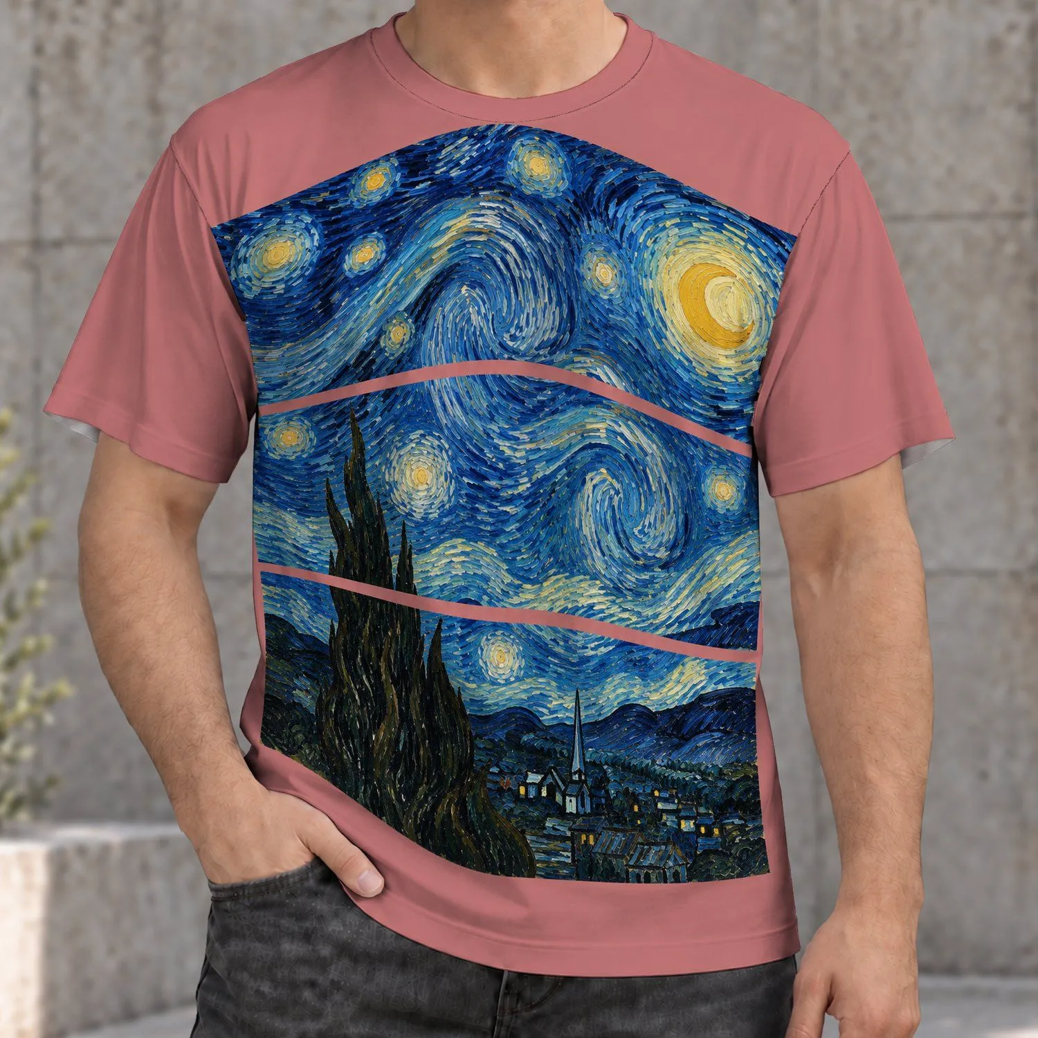 Swirling Starry Night Sky and Village Scene for Art Lovers and Casual Everyday Wear All-over Print Unisex T-shirt - 1