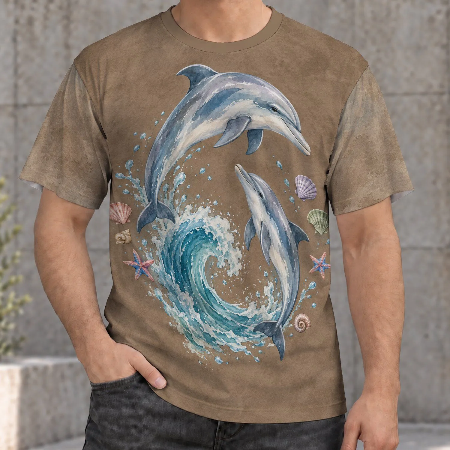 Watercolor Dolphins and Seashells for Relaxed Coastal Days and Ocean Lovers All-over Print Unisex T-shirt - 1