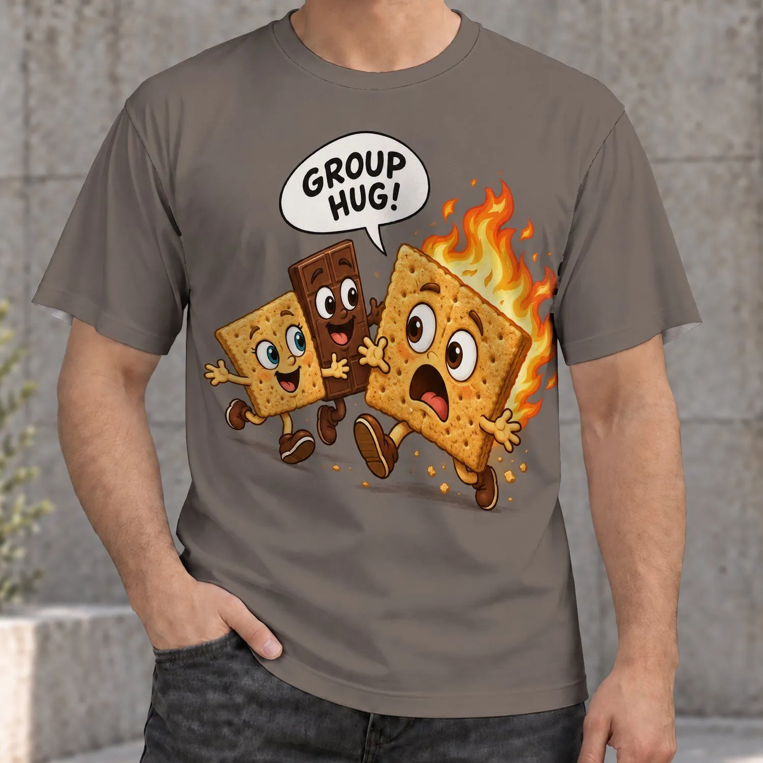 Smiling S'mores Campfire Friends for Camping Parties and Summer Family Gatherings All-over Print Unisex T-shirt - 1
