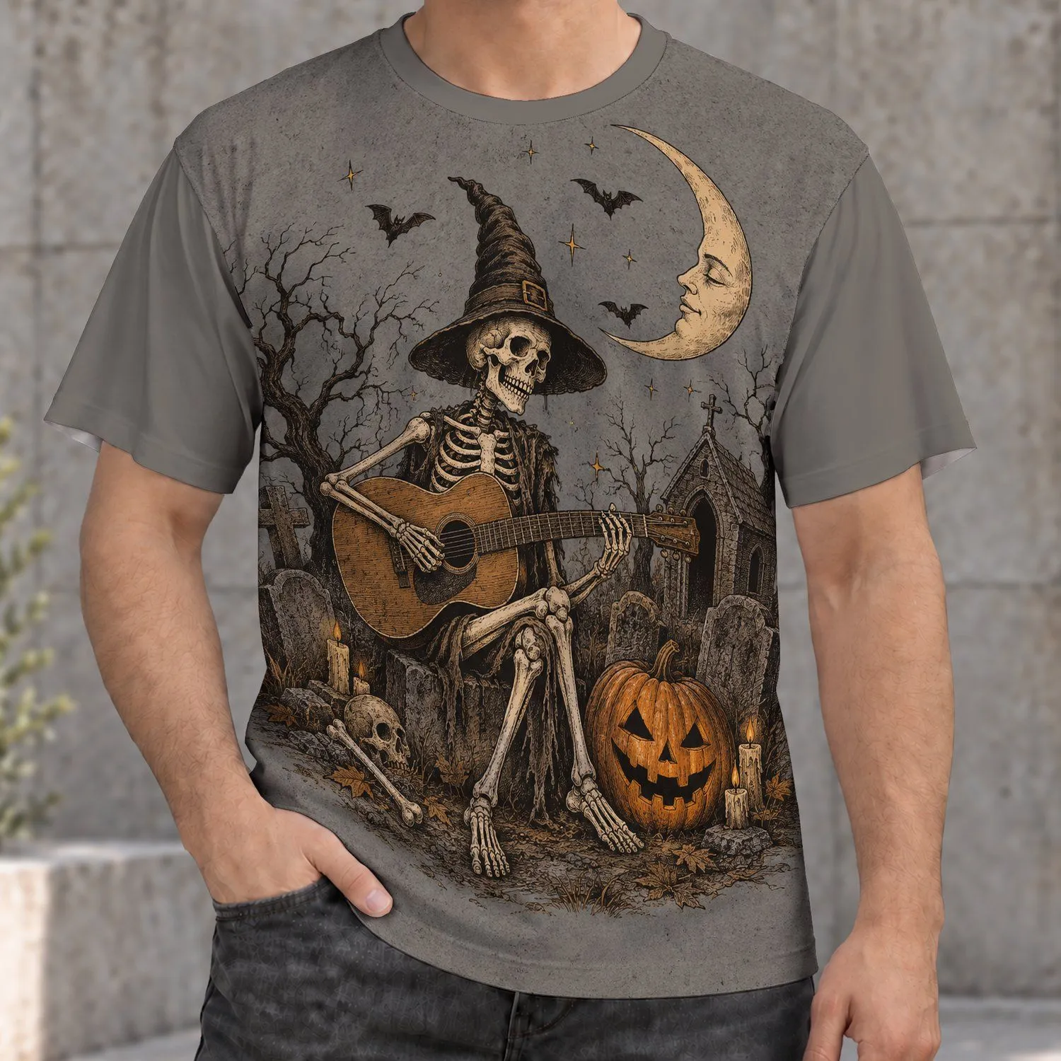 Skeleton Guitarist and Pumpkin Graveyard Scene for Halloween Nights and Autumn Fans All-over Print Unisex T-shirt - 1