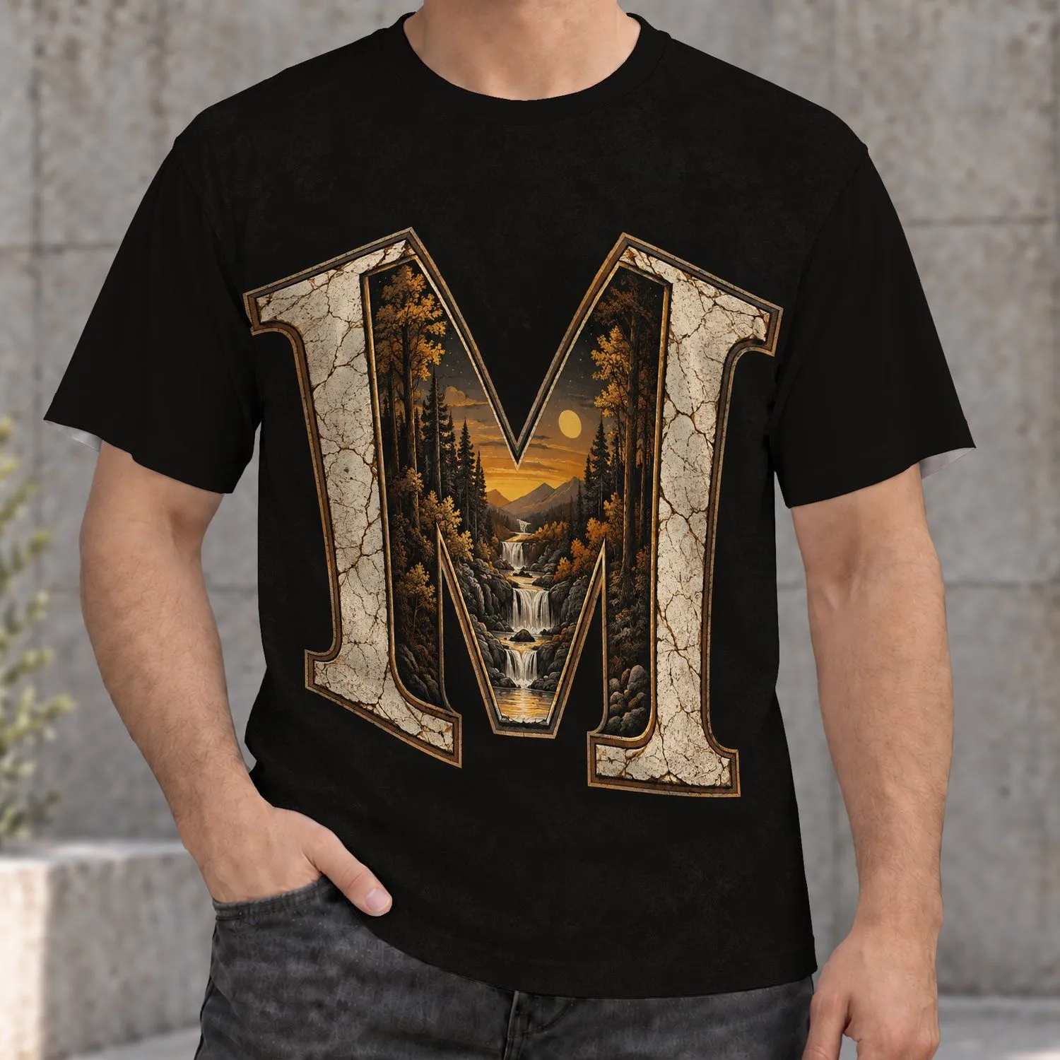 Vintage Capital M Woodland Waterfall Scene for Casual Outdoor Adventures and Everyday Wear All-over Print Unisex T-shirt - 1