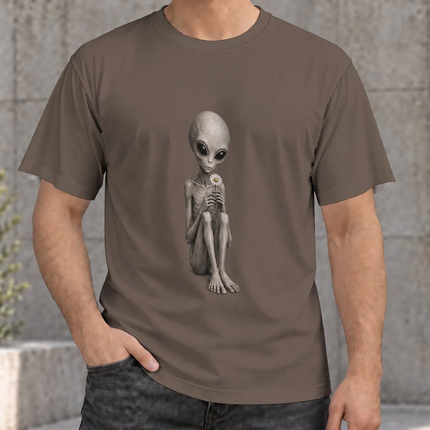 Seated Grey Alien With Daisy for Casual Streetwear and Quirky Sci-Fi Fans Everyday Style All-over Print Unisex T-shirt - 1