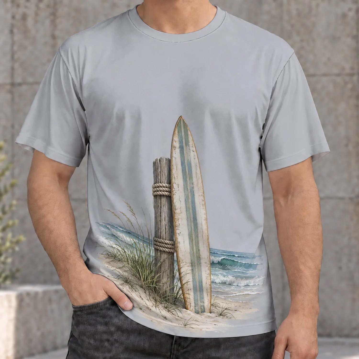 Vintage Surfboard And Coastal Post Beach Scene For Casual Summer And Outdoor Days All-over Print Unisex T-shirt - 1