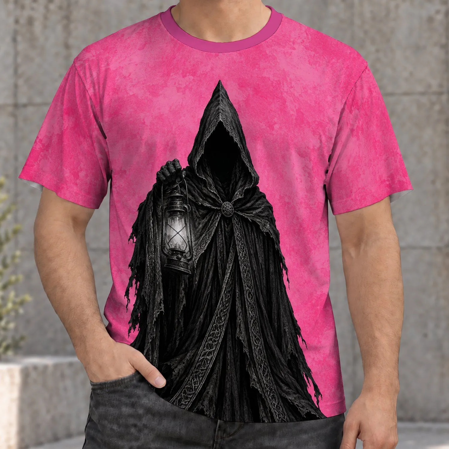Hooded Lantern Bearer for Nighttime Adventures, Streetwear, and Fantasy Fans All-over Print Unisex T-shirt - 1