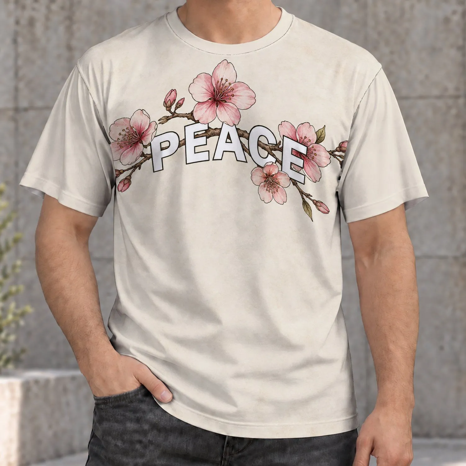 Pink Cherry Blossom Peace Lettering for Calm Everyday Casual Wear and Nature Lovers All-over Print Unisex T-shirt - 1