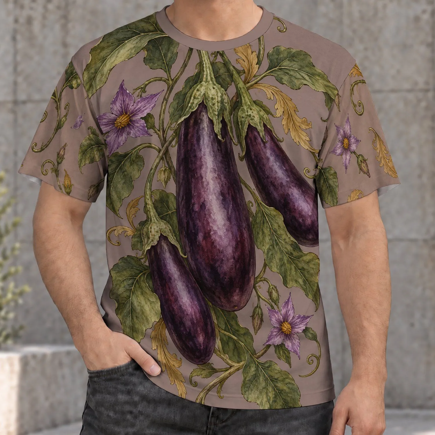 Aubergine and Botanical Vine Motifs for Everyday Casual Wear and Garden Lovers All-over Print Unisex T-shirt - 1