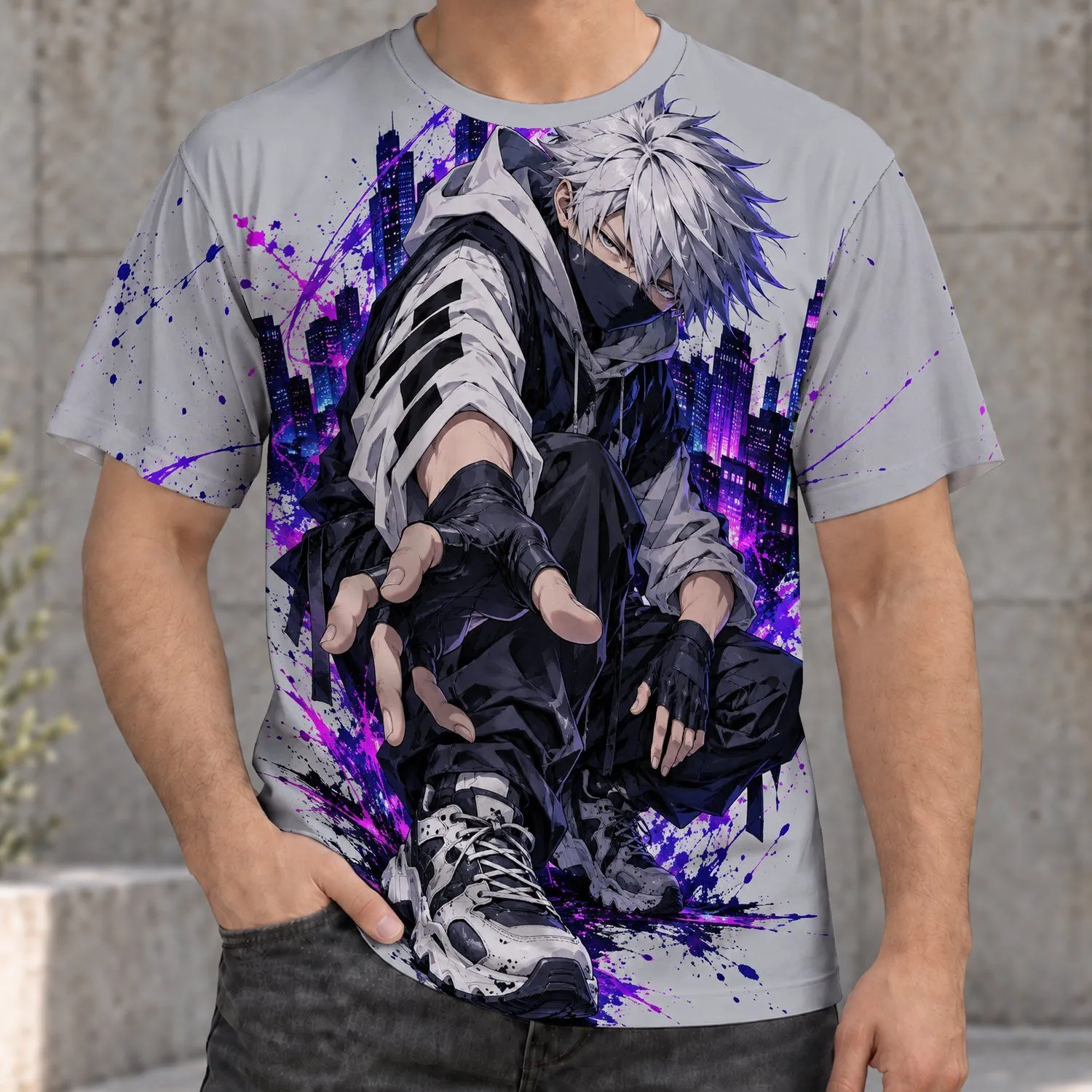 Silver-Haired Anime Hero on Neon City Rooftop for Streetwear Fans and Night Owls All-over Print Unisex T-shirt - 1
