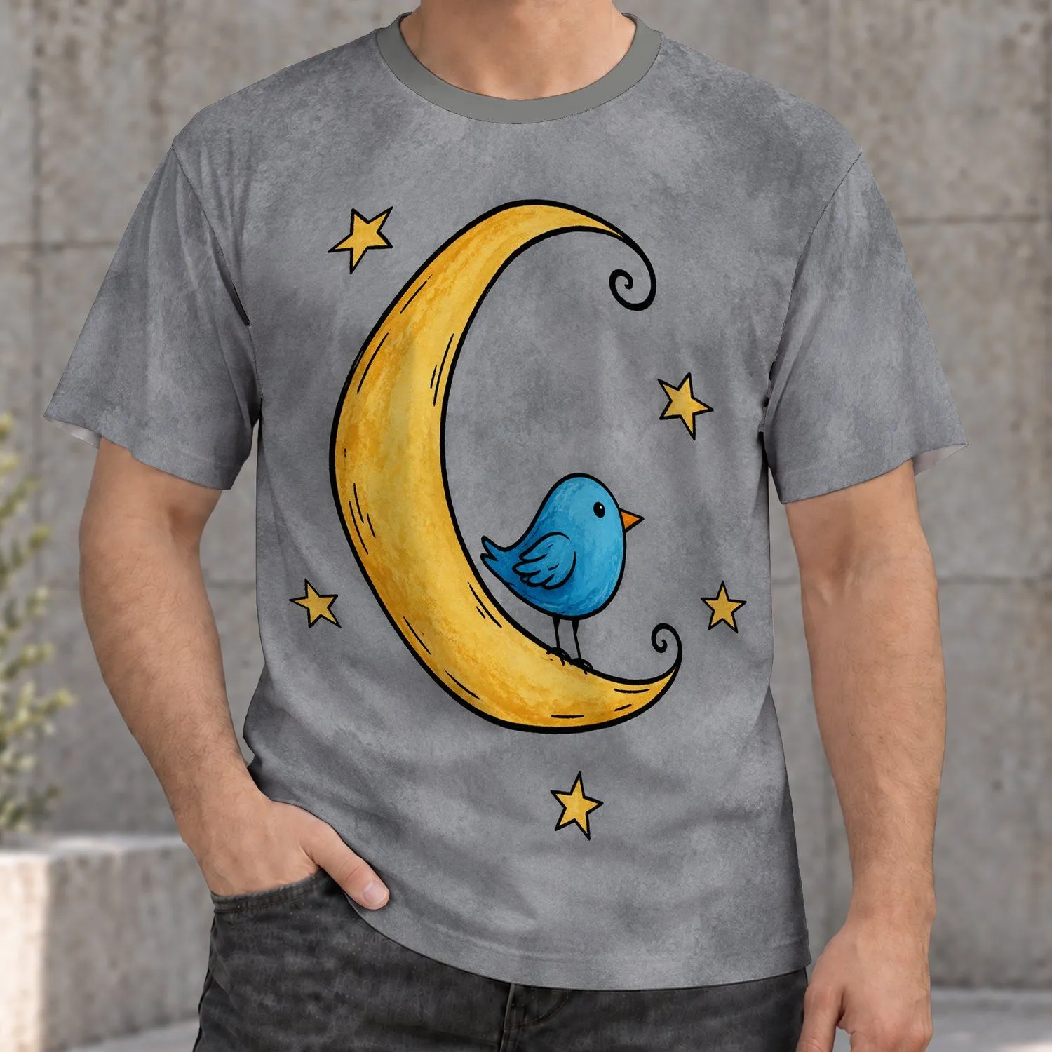 Golden Crescent Moon and Blue Bird for Dreamy Nighttime Casual Wear for All Ages All-over Print Unisex T-shirt - 1