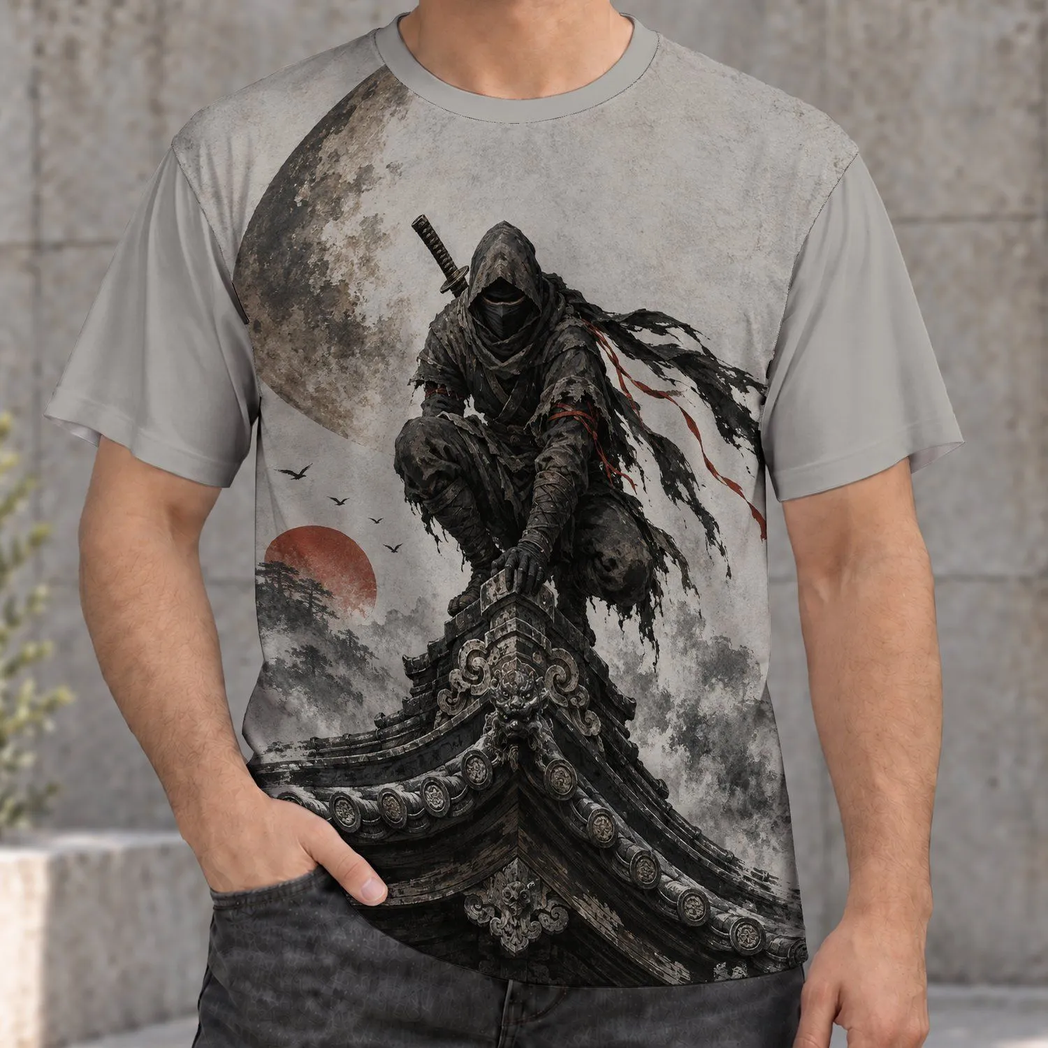 Hooded Rooftop Ninja Beneath a Crescent Moon for Everyday Streetwear Fans All-over Print Unisex T-shirt - 1