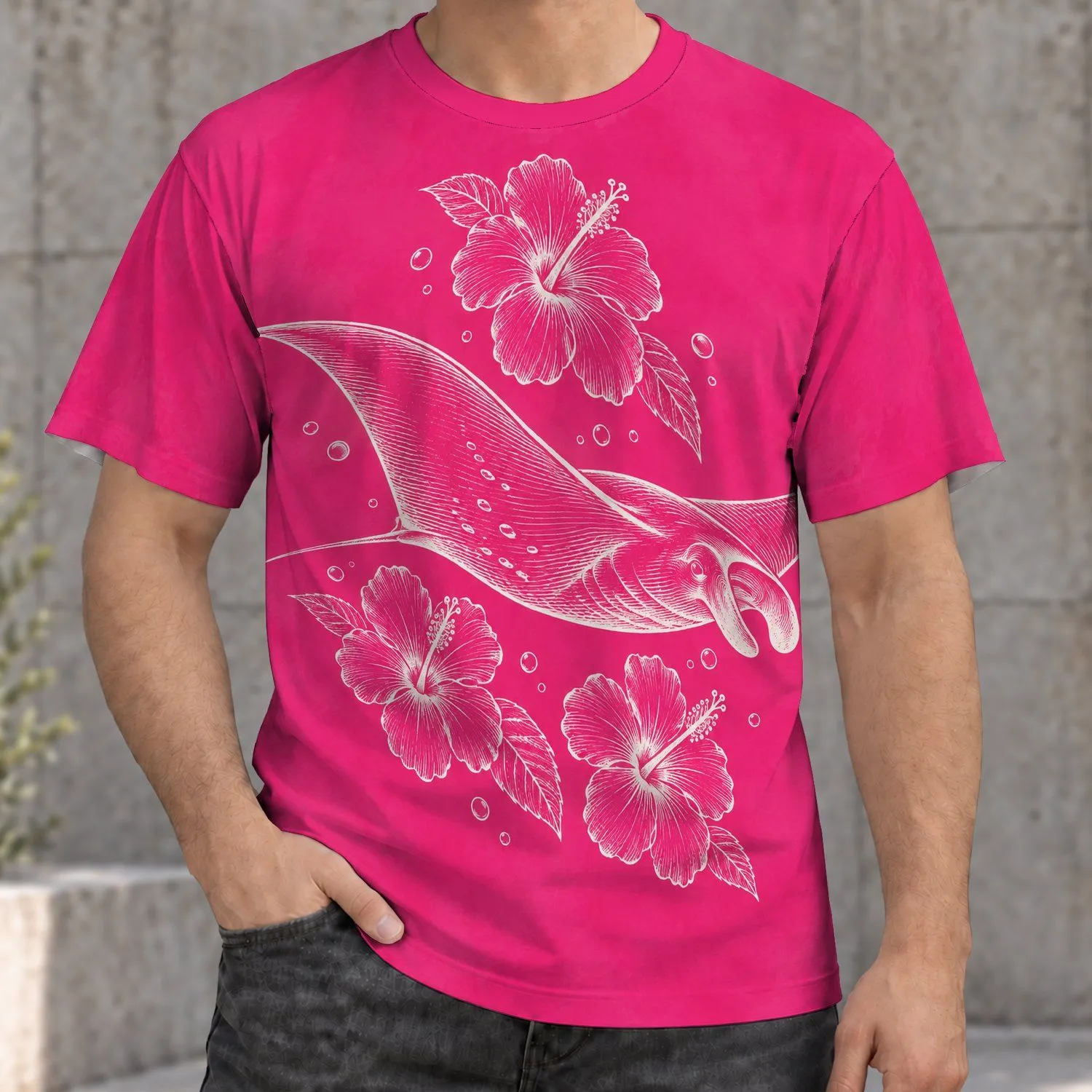 Manta Ray Hibiscus Coastal Motif for Beach Days and Relaxed Island Getaways and Ocean Lovers All-over Print Unisex T-shirt - 1