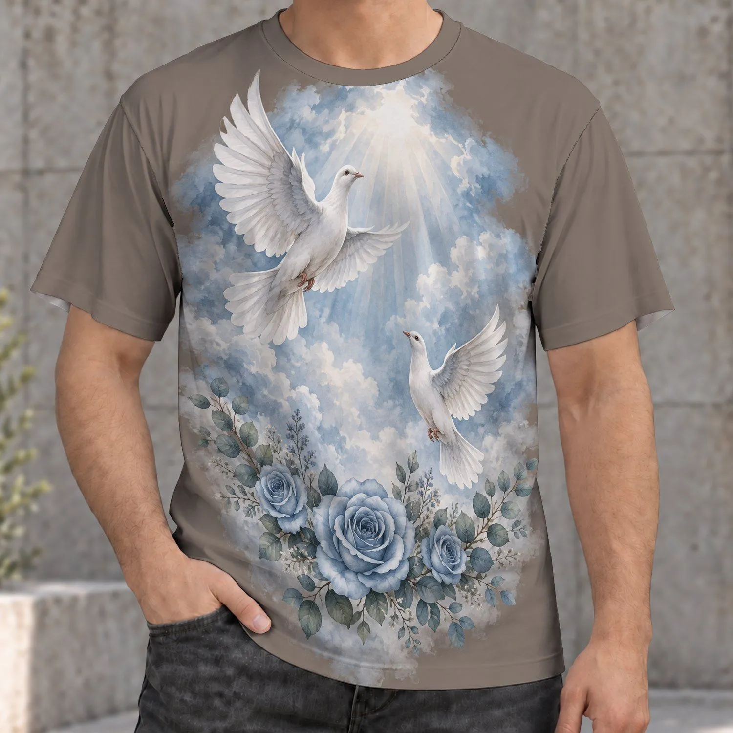 White Doves And Blue Roses For Peaceful Everyday Wear For Teens And Adults All-over Print Unisex T-shirt - 1