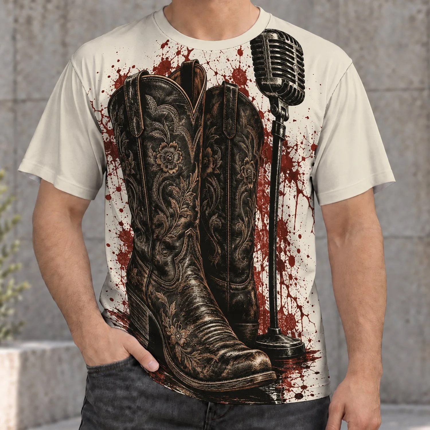 Western Cowboy Boots and Vintage Mic for Concert Nights and Casual Country Style All-over Print Unisex T-shirt - 1