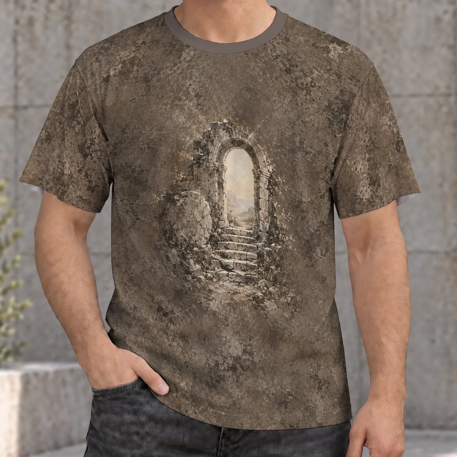 Distressed Stone Archway and Sunlit Steps for Casual Music Festival Street Style All-over Print Unisex T-shirt - 1